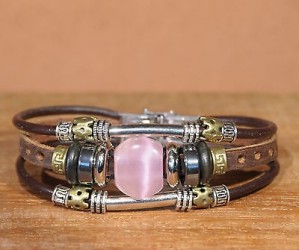Bracelet cuir femme OEIL DE CHAT - Ajustable ROSE