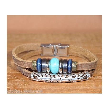 Bracelet cuir et pierre  HOWLITE ET METAL +de 10 sortes de pierre Taille ajustable